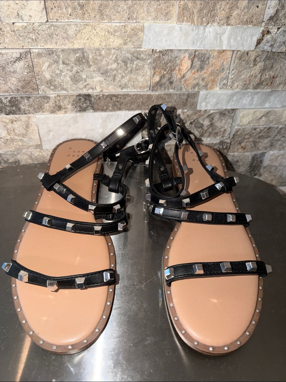 a new day Black Studded Strappy Flat Sandals